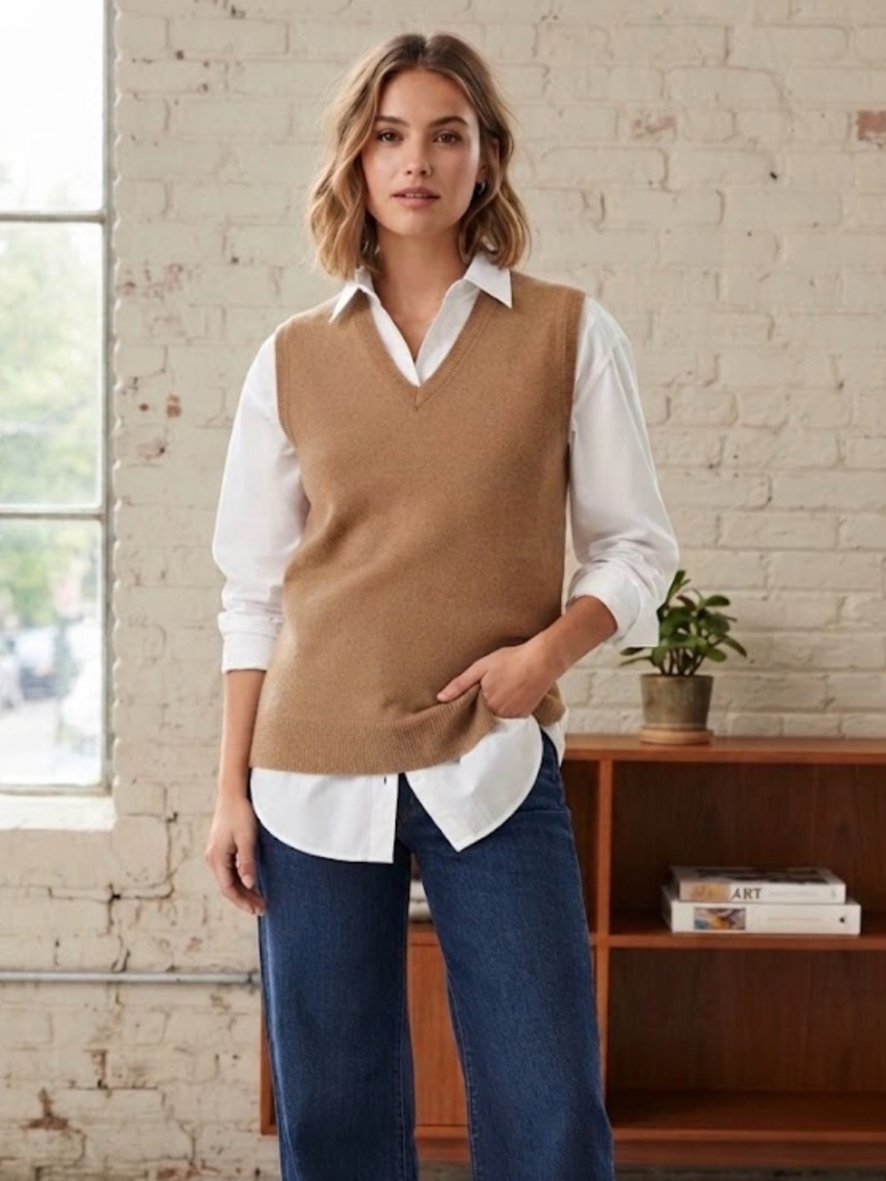 Vintage V-Neck Sweater Vest - Caramel Brown